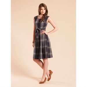 Monsoon “Carly” navy plaid print wool blend sleeveless knee-length dress (US 10)